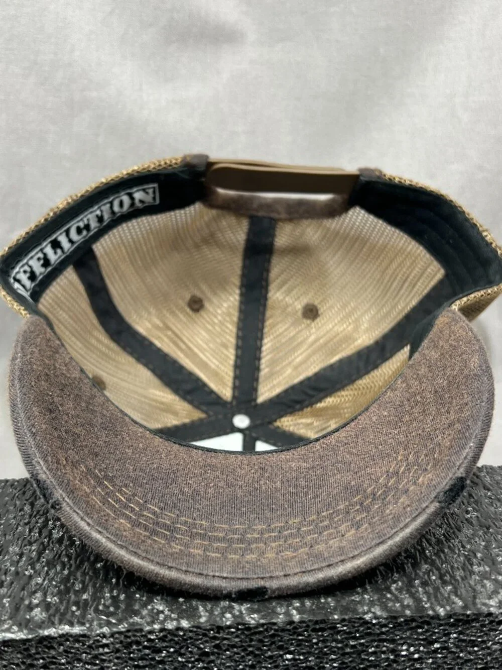 Affliction Live Fast Trucker Hat Snapback Brown Leather Patch Distressed Cap